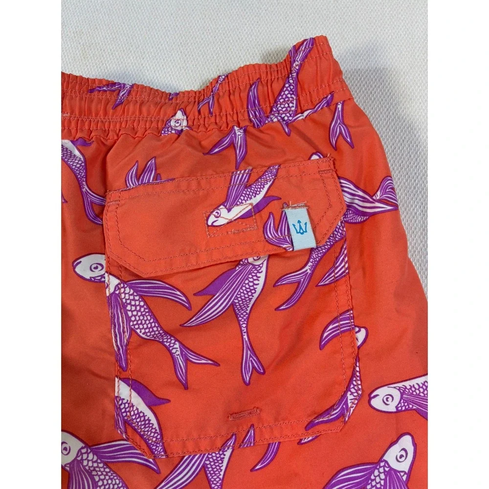 Strong Boalt Mens XL Swim Trunks Orange Purple Flying Fish Print Mesh Lined 6in‎